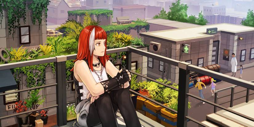 Irene sitting and looking down from a balcony in Troubleshooter: Abandoned Children