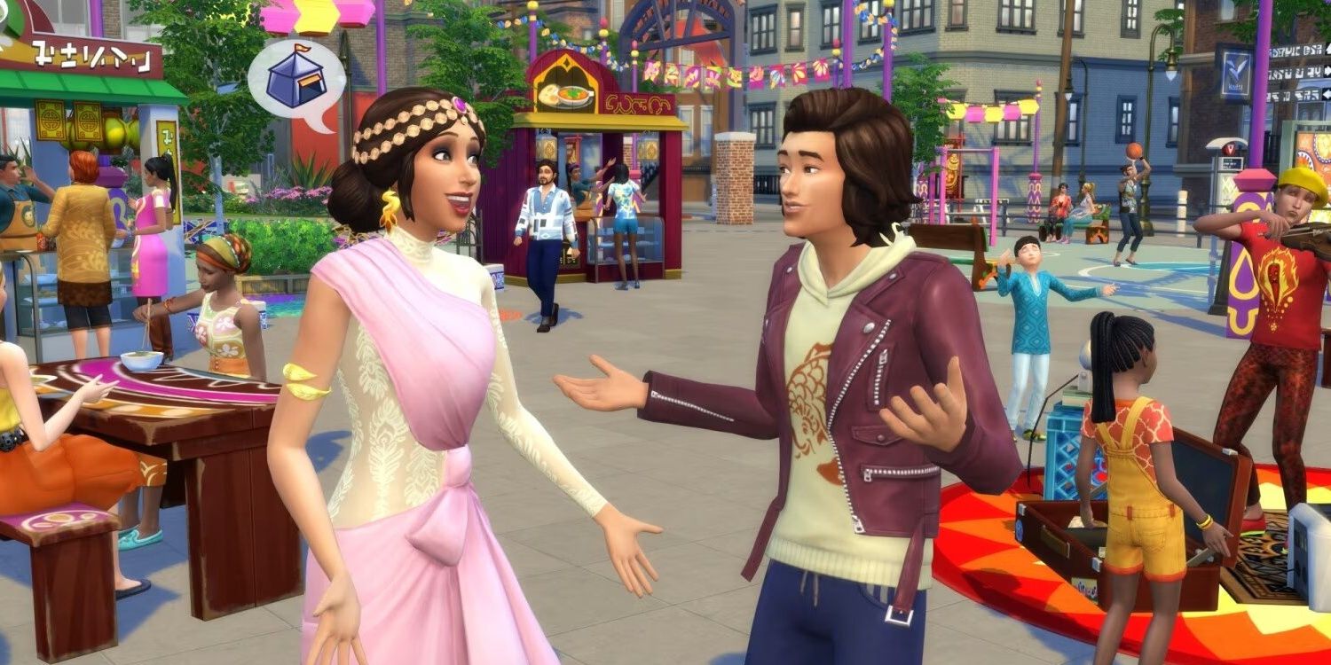 Two Sims socializing at a festival in the city