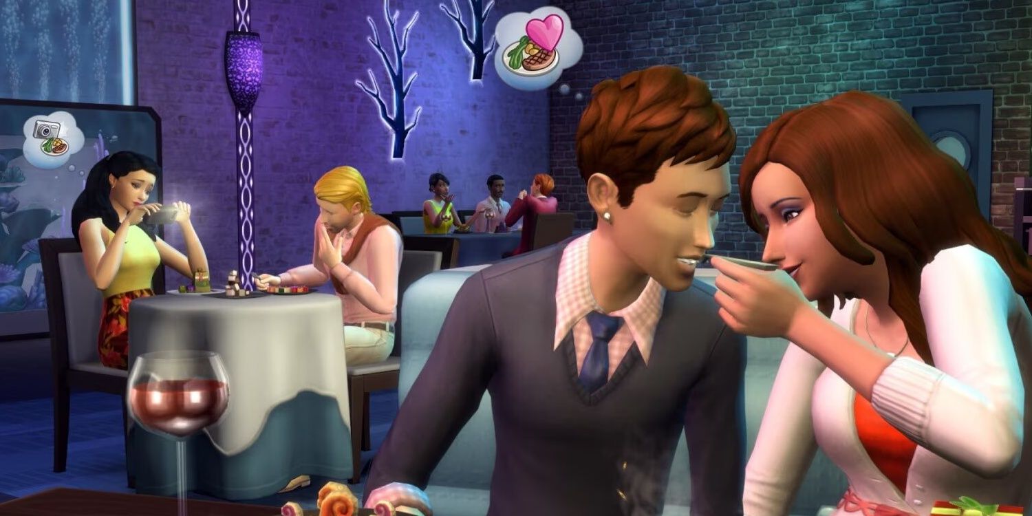 Two Sims on a date at a fancy restaurant sharing a secret