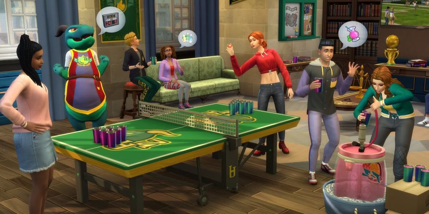Sims playing juice pong and drinking from a juice keg, university mascot watching