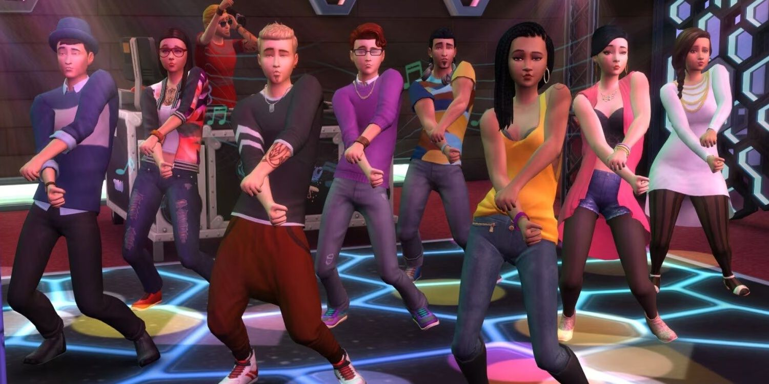 Group of Sims dancing on dance floor at night club