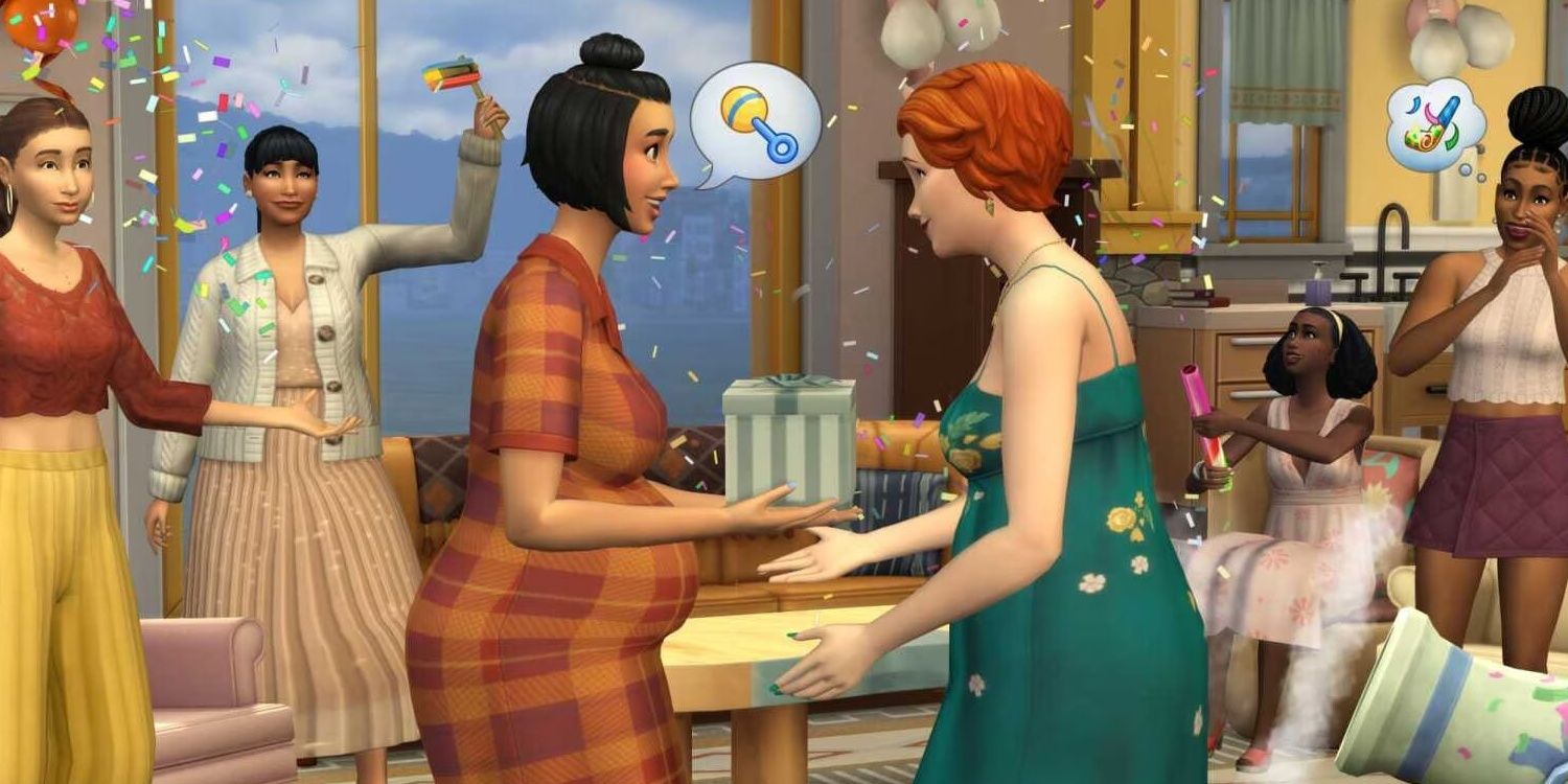 Sims celebrating a pregnant Sim at their baby shower with confetti