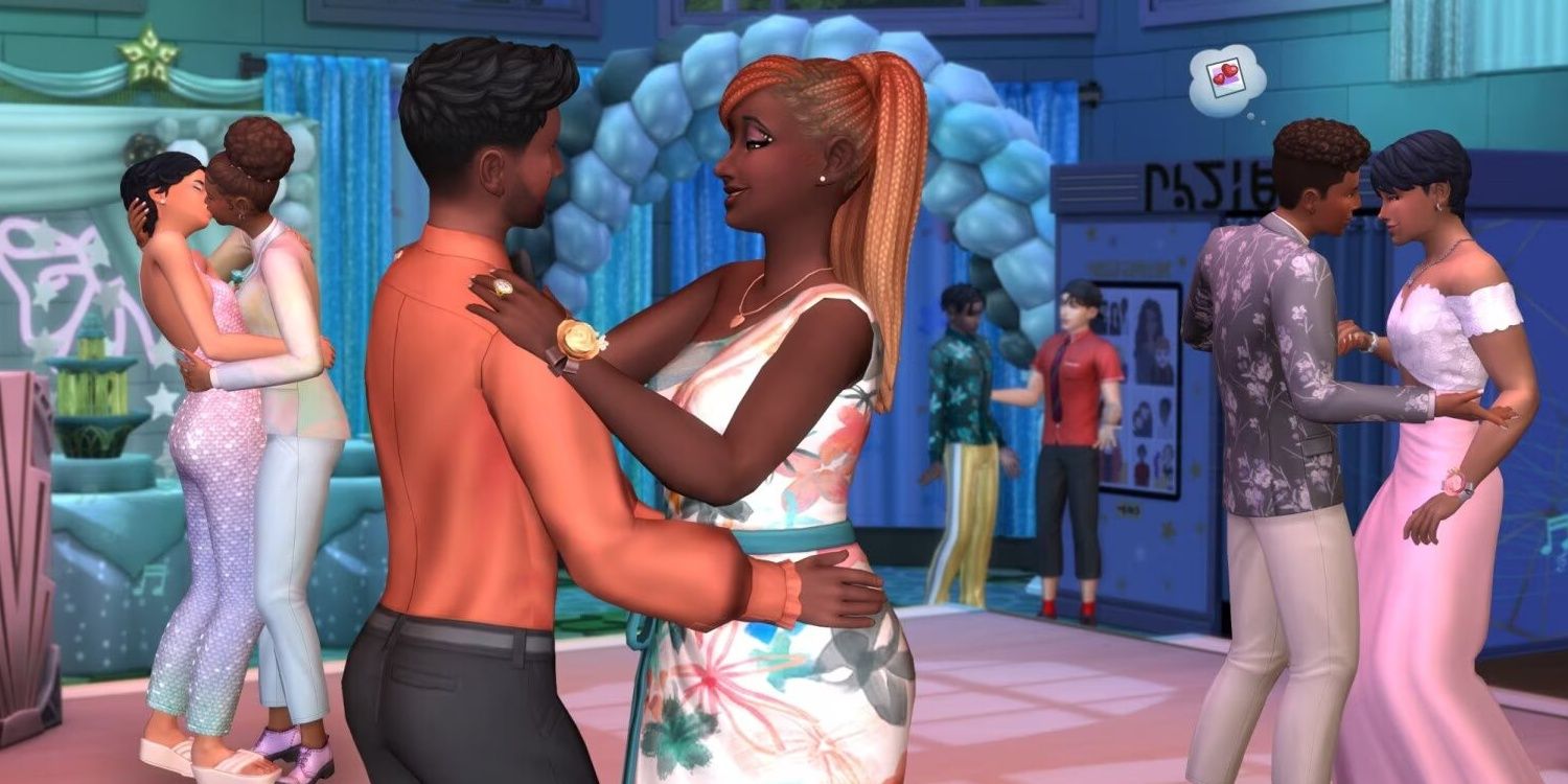 Three Sim couples slow dancing at prom in a pastel decorated hall