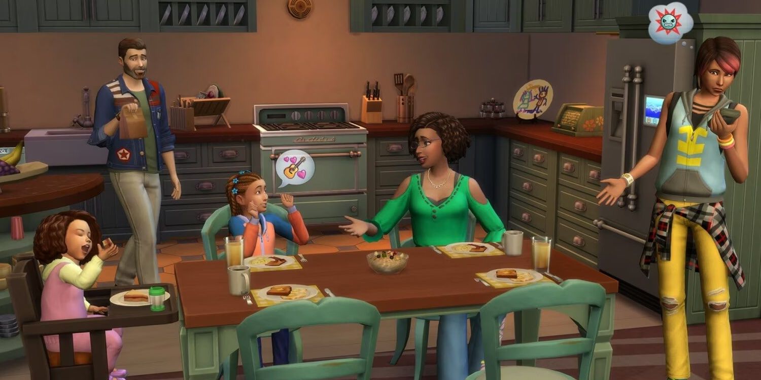 Sim family socialising at dinner table eating eggs and toast in kitchen