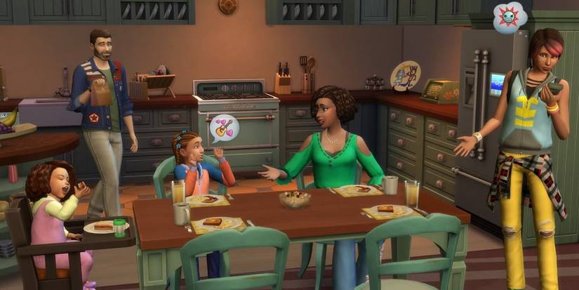 Sim family socialising at dinner table eating eggs and toast in kitchen