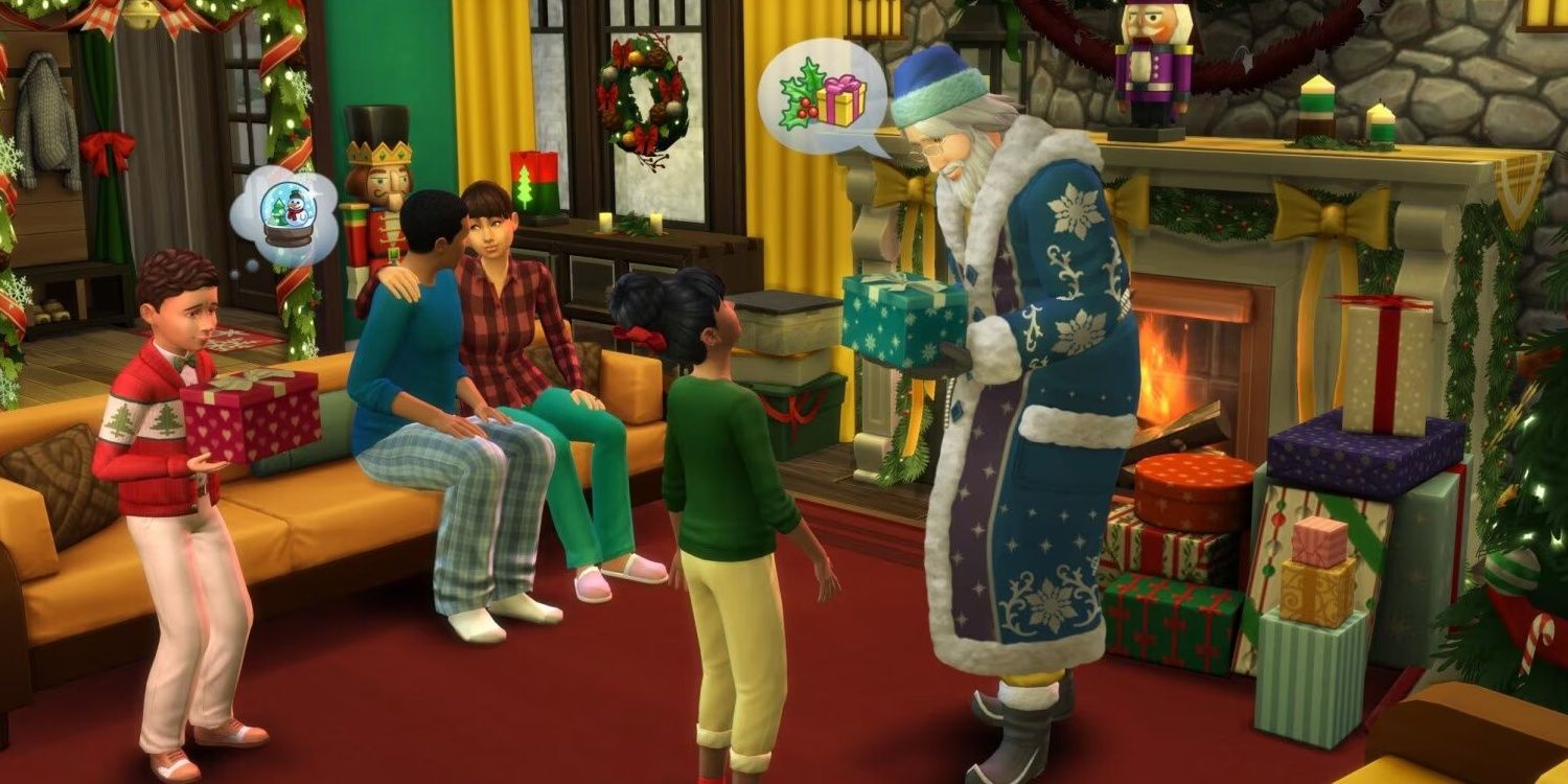 A Sim family is celebrating Winterfest, Father Winter giving a child a gift