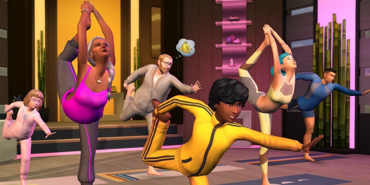 Child and adult Sims taking part in a group yoga session