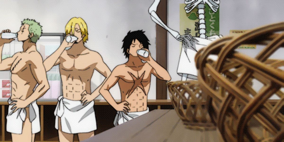 Zoro, Sanji y Luffy en un baño