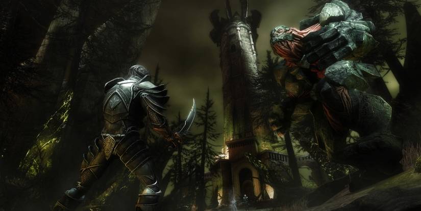 A man prepares to battle a large monster.