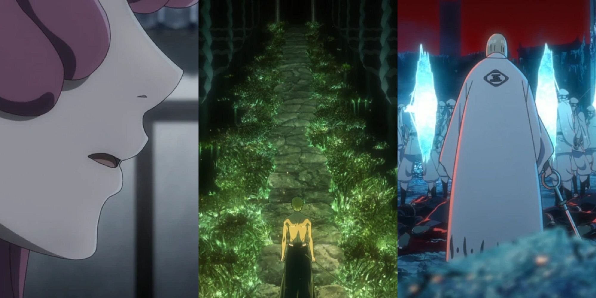 Split image of Meninas calling out to Rukia, Ichigo walking down the Irazu Sando, and Shinji surrounded by Soldat in the Bleach Thousand-Year Blood War anime