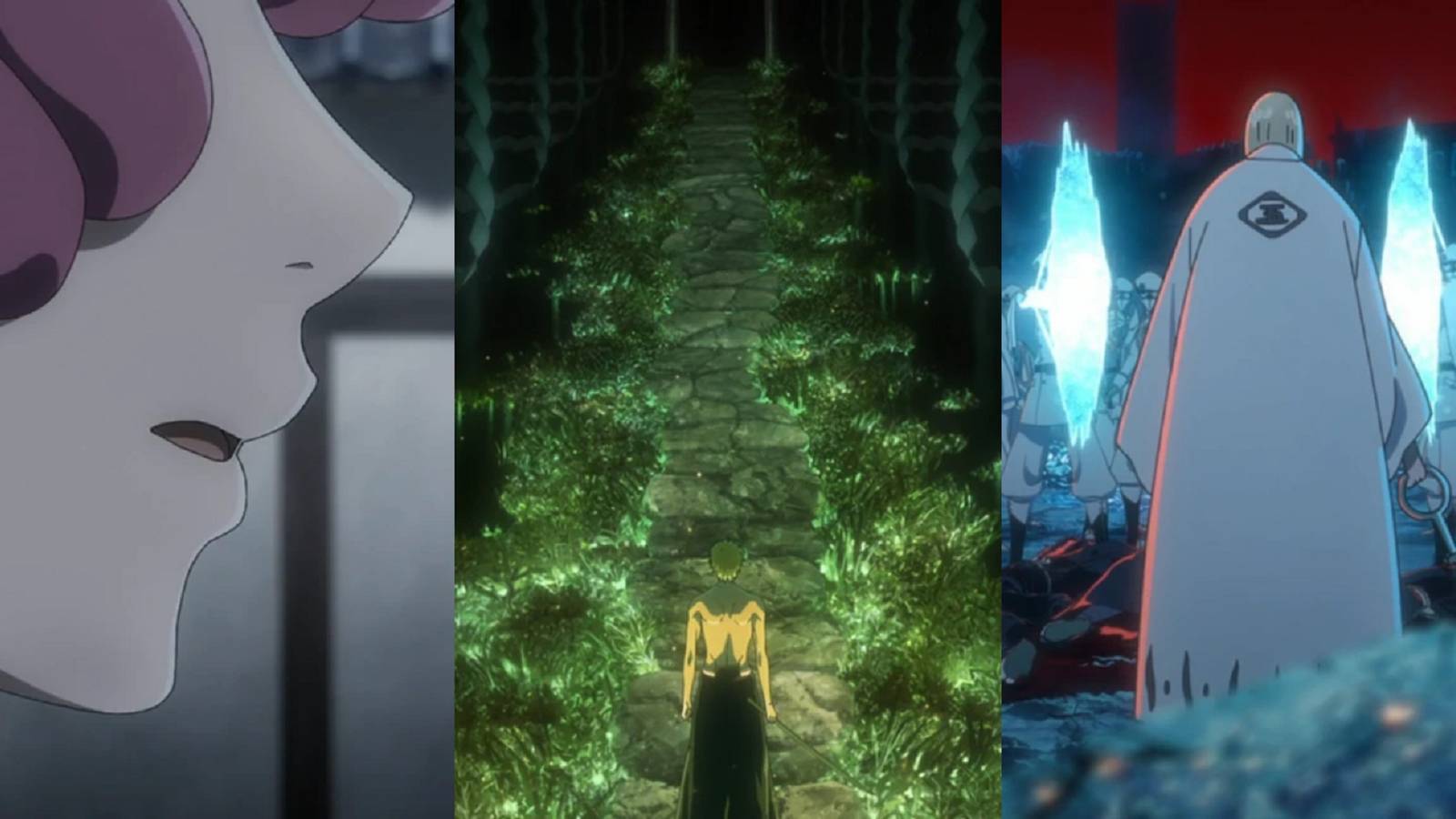 Split image of Meninas calling out to Rukia, Ichigo walking down the Irazu Sando, and Shinji surrounded by Soldat in the Bleach Thousand-Year Blood War anime