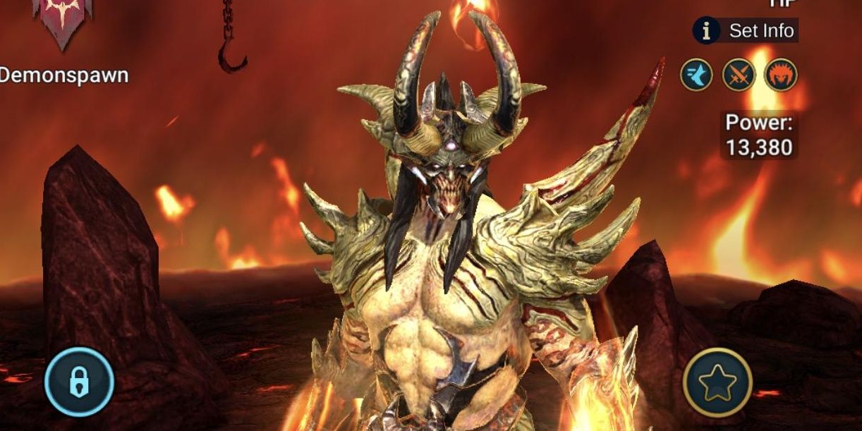 Demonspawn Champion Tyrant Ixlimor stands in a hellscape.