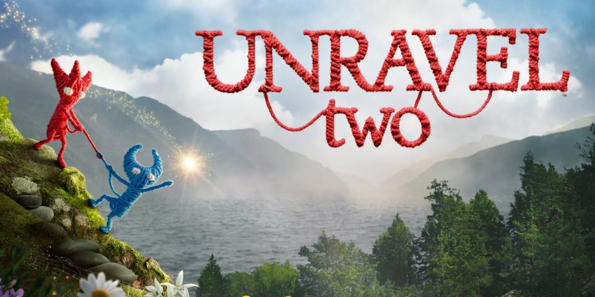 Unravel Two Official Game Cover, with two Yarnys on the left trying to climb down an incline safely next to the title floating in the sky in a font made of yarn