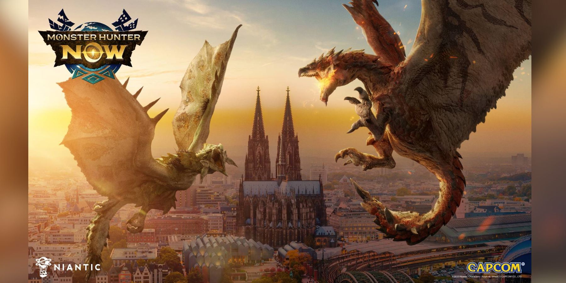 Monster Hunter Now Rathalos in the Real-World Sky Over City