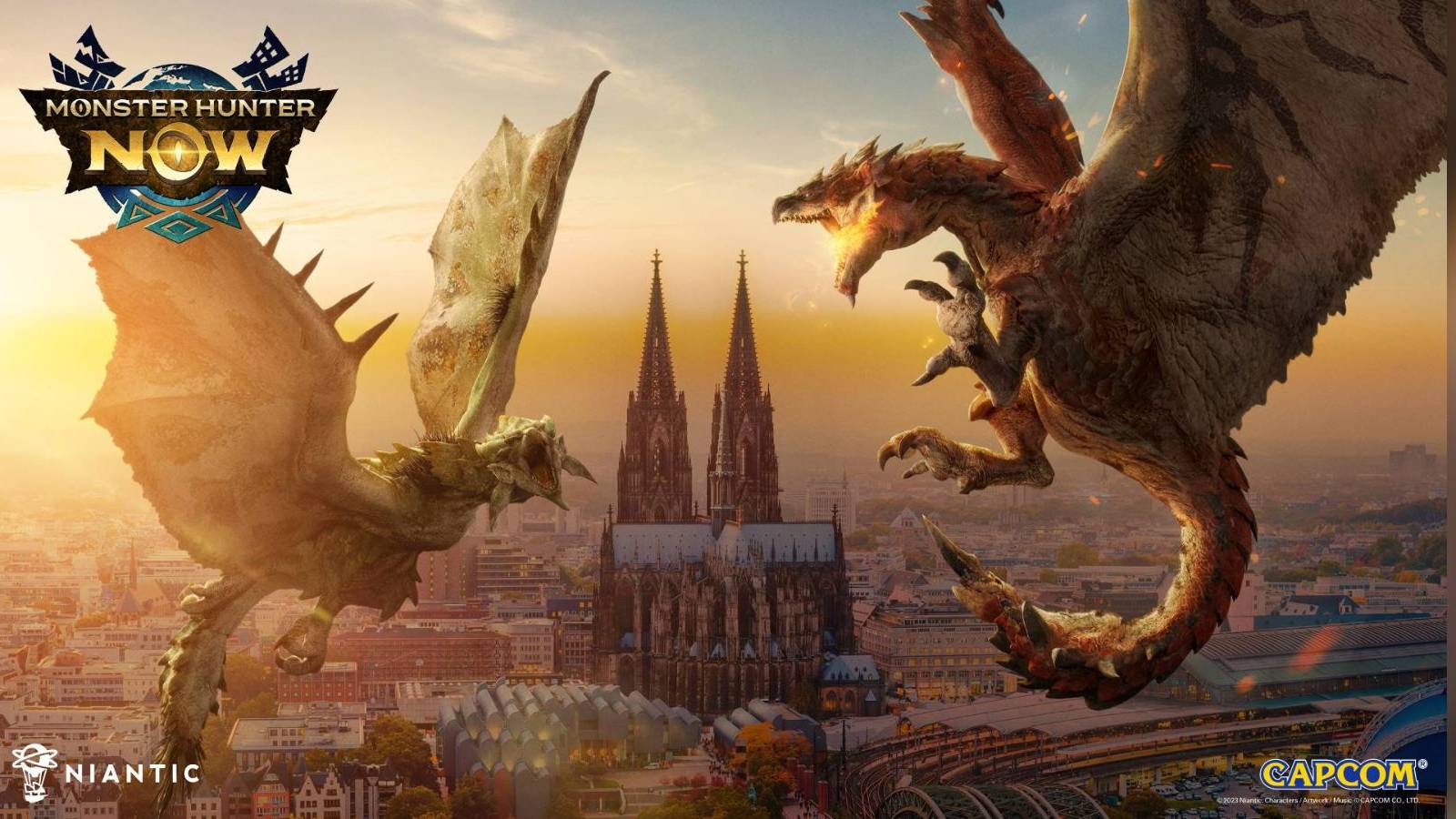 Monster Hunter Now Rathalos in the Real-World Sky Over City
