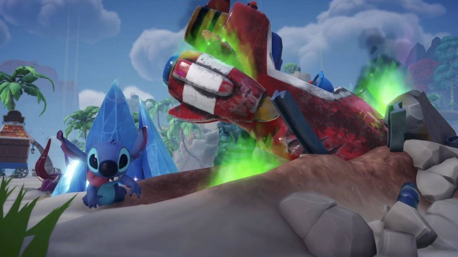 stitch coming out of his spaceship in disney dreamlight valley