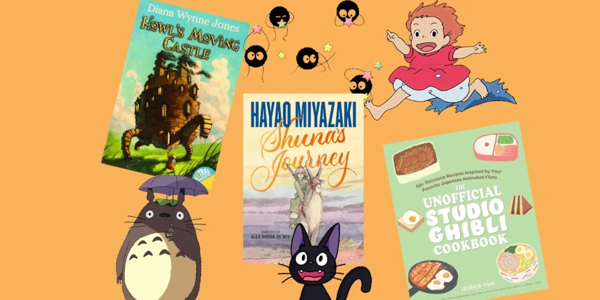 Collage of Ghibli related books with characters from the films