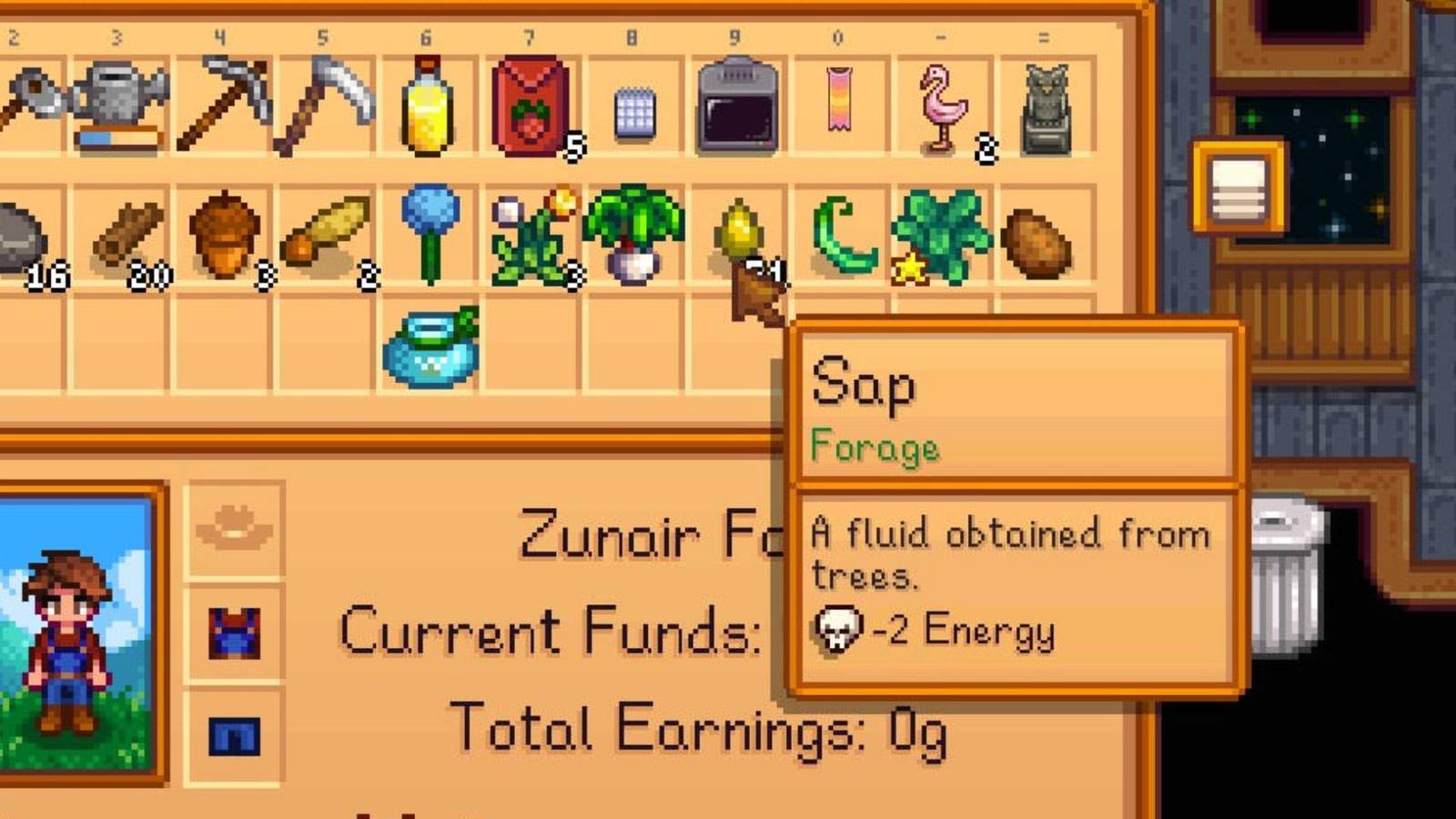 sap in inventory stardew valley