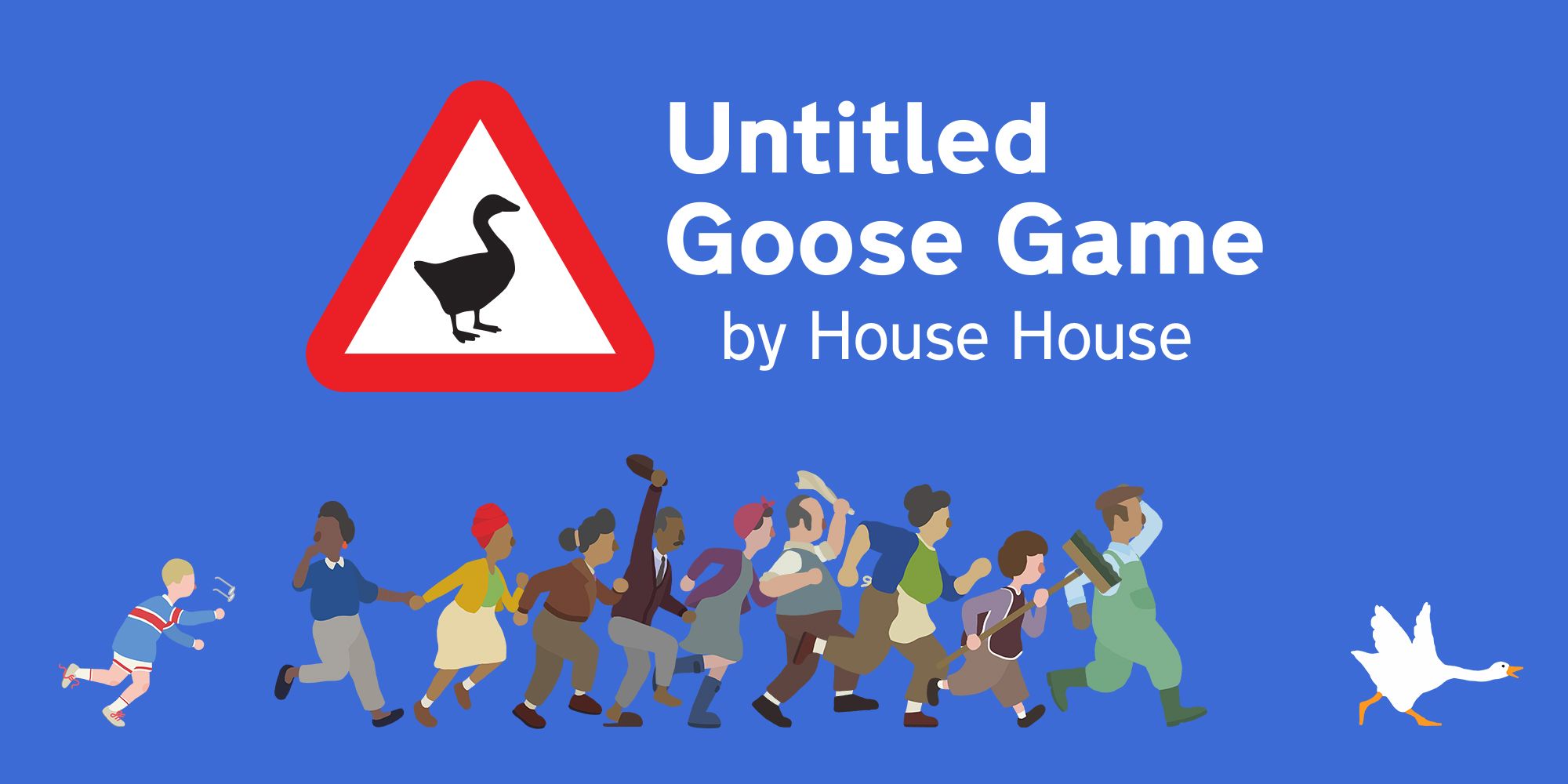 Untitled Goose Game official cover, with a bunch of people chasing after a single goose
