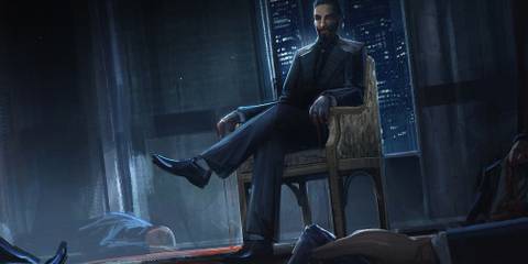 Galeb sitting on a chair, blood falling from his fingers in Vampire the Masquerade Swansong