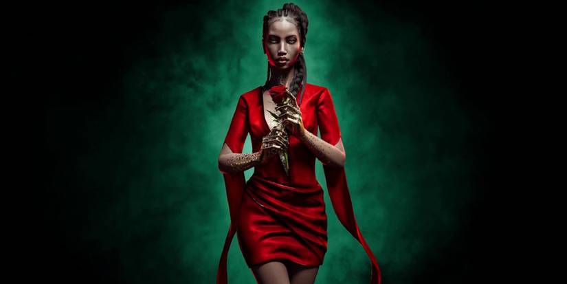 Emem from Swansong, holding a rose. 