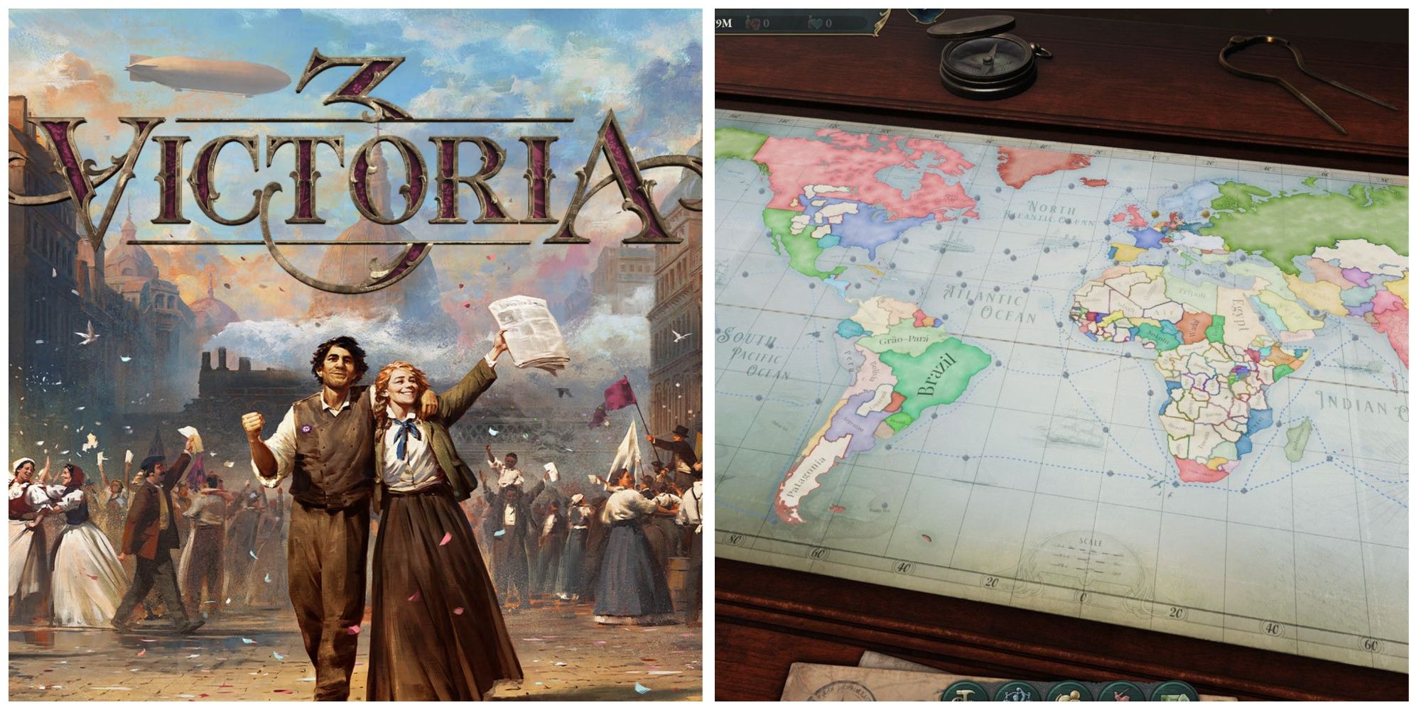 A split image of Victoria 3 cover art and a world map