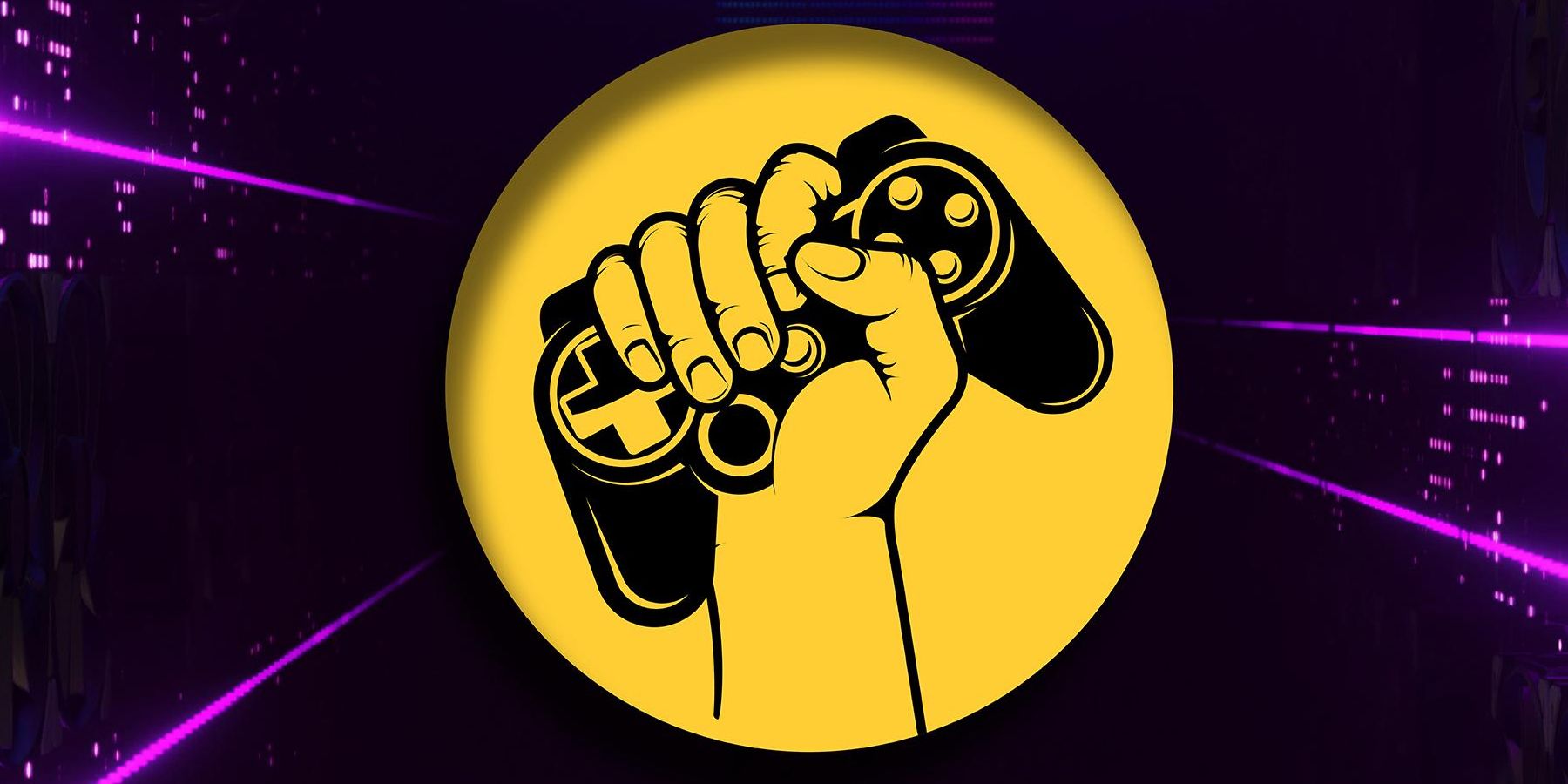 An image of a union hand raising a game controller in the air in a yellow circle against a black and purple background.