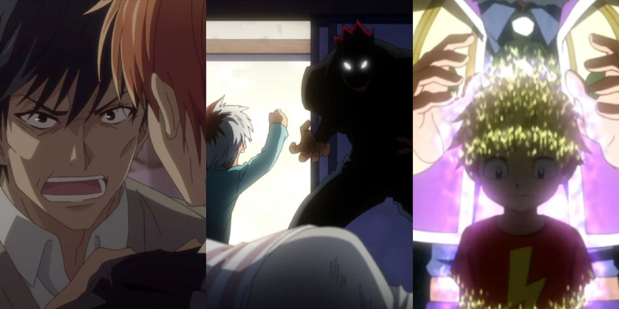 Split image of Kyo's father confronting Kyo in Fruits Basket, a young Shoto Todoroki defending his mother from Enji in My Hero Academia, and Ivan Dreyar implanting a young Laxus with a Dragon Lacrima in Fairy Tail