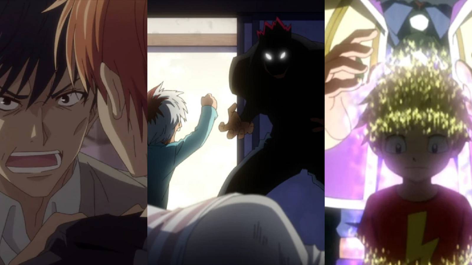 Split image of Kyo's father confronting Kyo in Fruits Basket, a young Shoto Todoroki defending his mother from Enji in My Hero Academia, and Ivan Dreyar implanting a young Laxus with a Dragon Lacrima in Fairy Tail