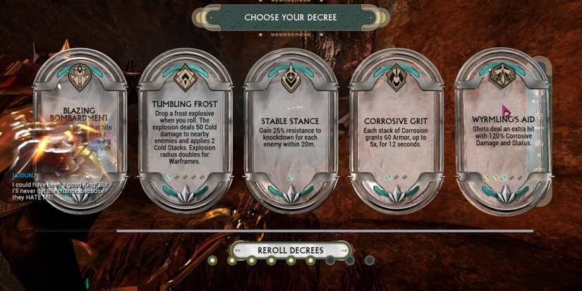 Warframe Blazing Bombardment decree in the "Choose Your Decree" screen.