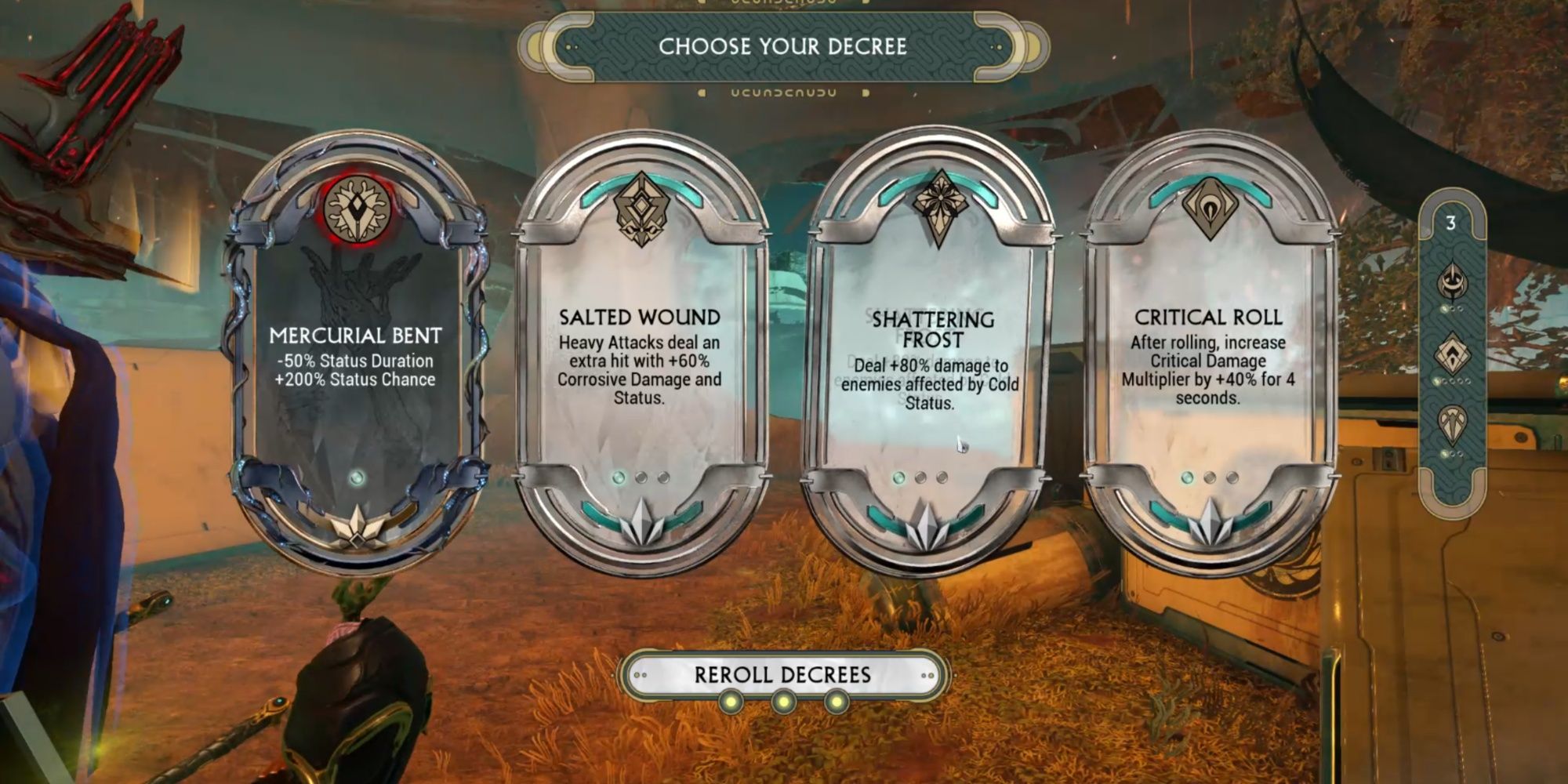 Warframe Critical Roll decree in the "Choose Your Decree" screen.