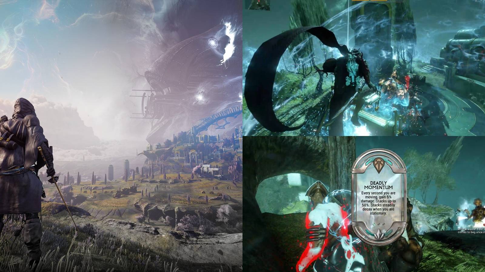 Warframe Duviri splash art, Warframe Assassin's Rush decree used to close in on boss, Warframe Deadly Momentum decree being chosen.