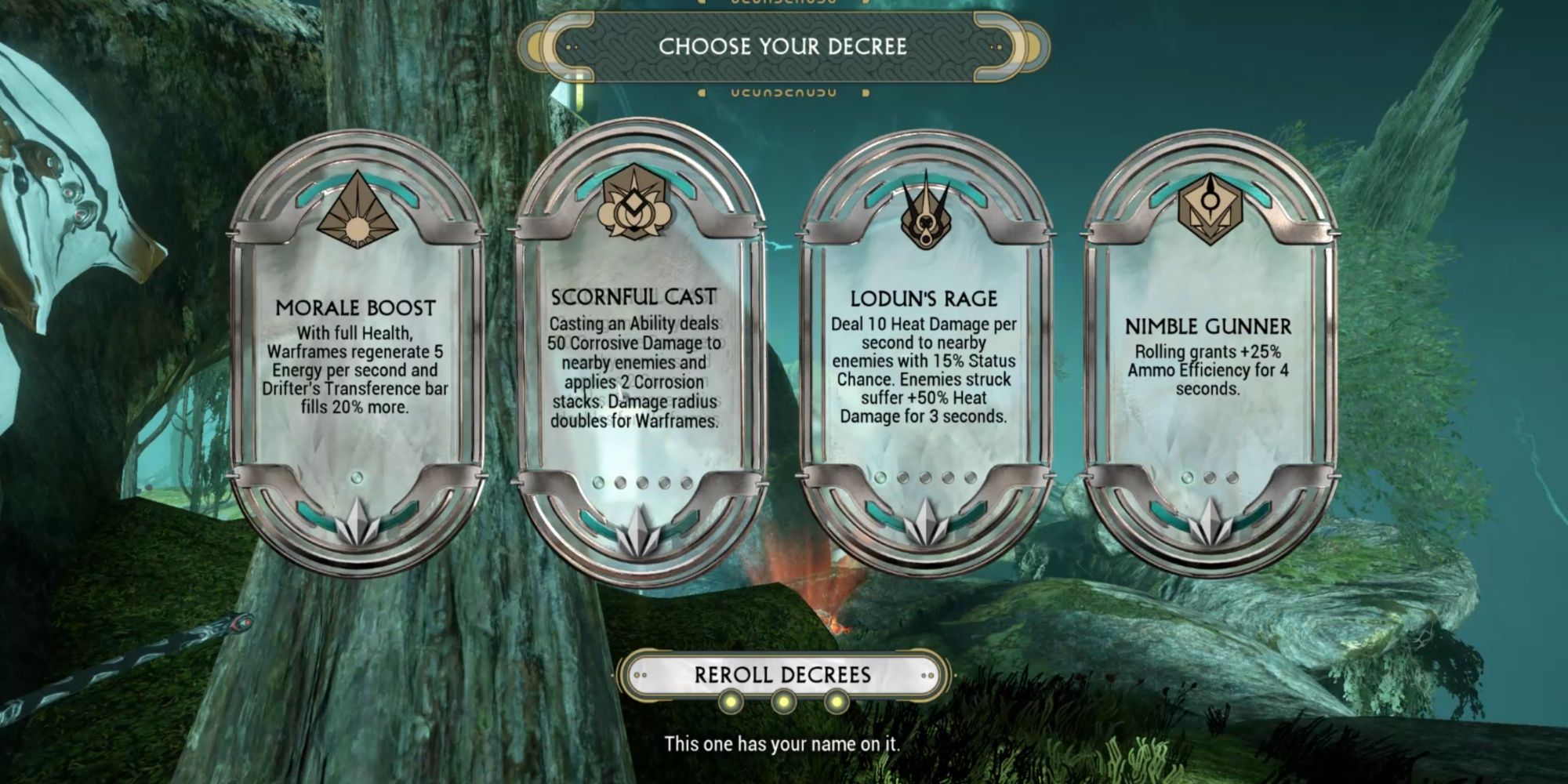 Warframe Lodun's Rage in the "Choose Your Decree" screen.