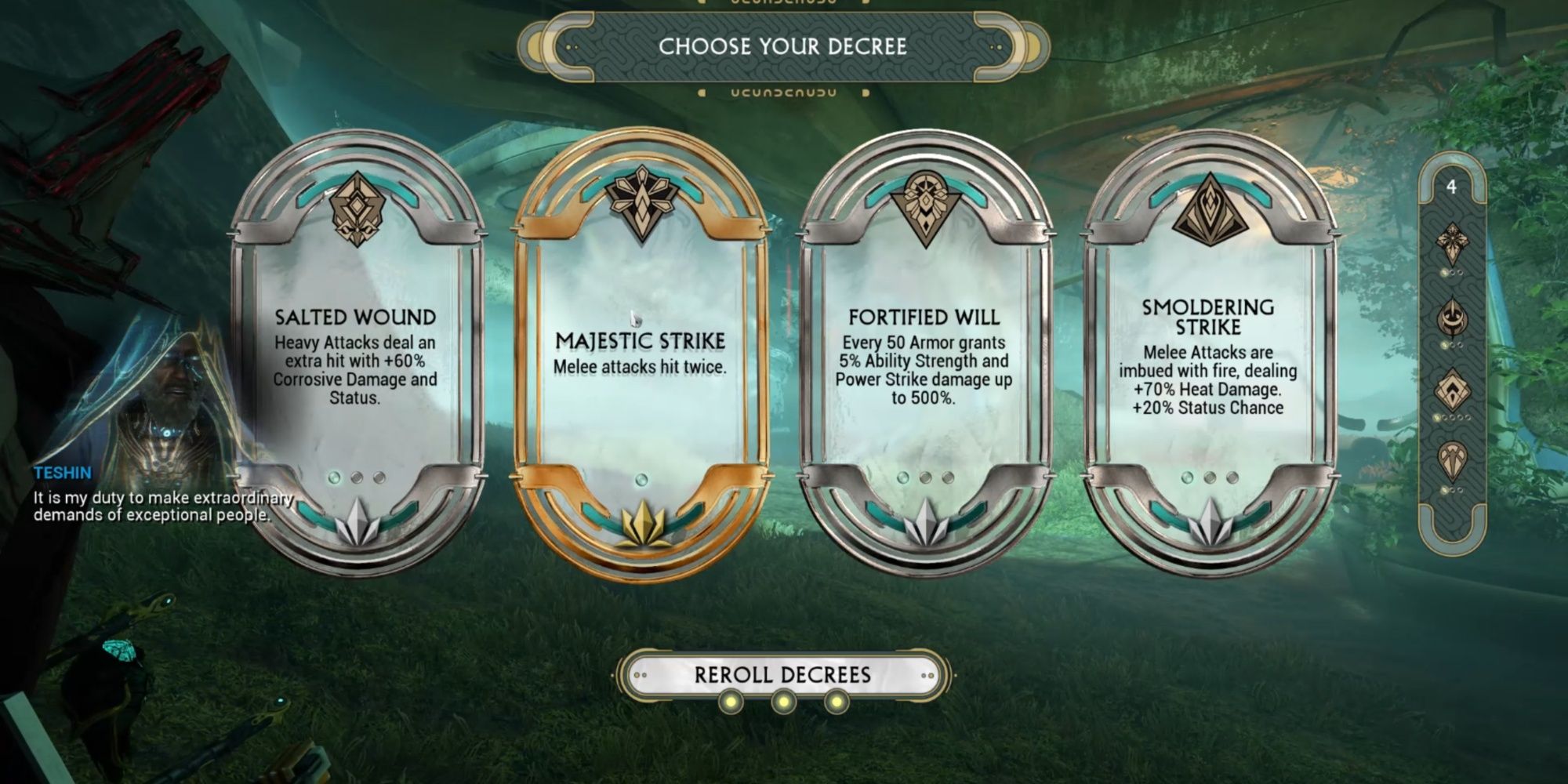 Warframe Majestic Strike, a rare decree, seen in the "Choose Your Decree" screen.