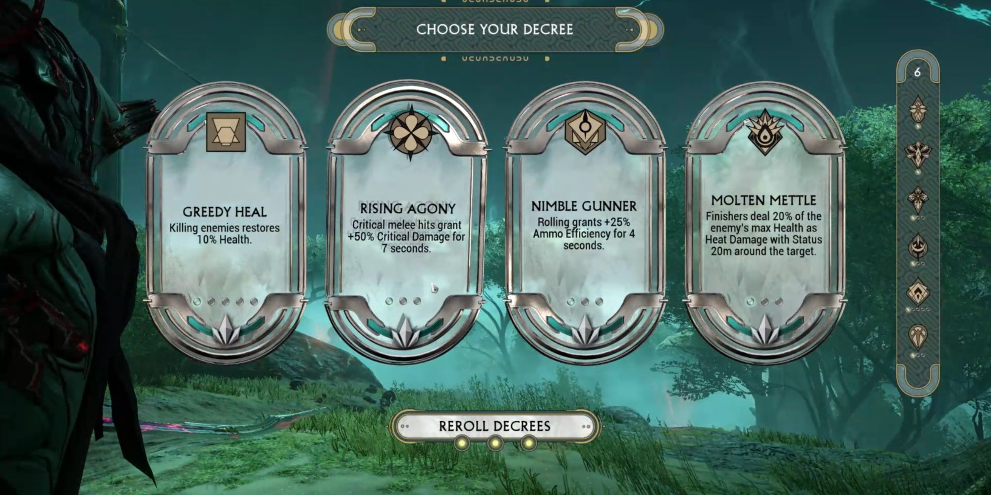 Warframe Rising Agony decree in the "Choose Your Decree" screen.