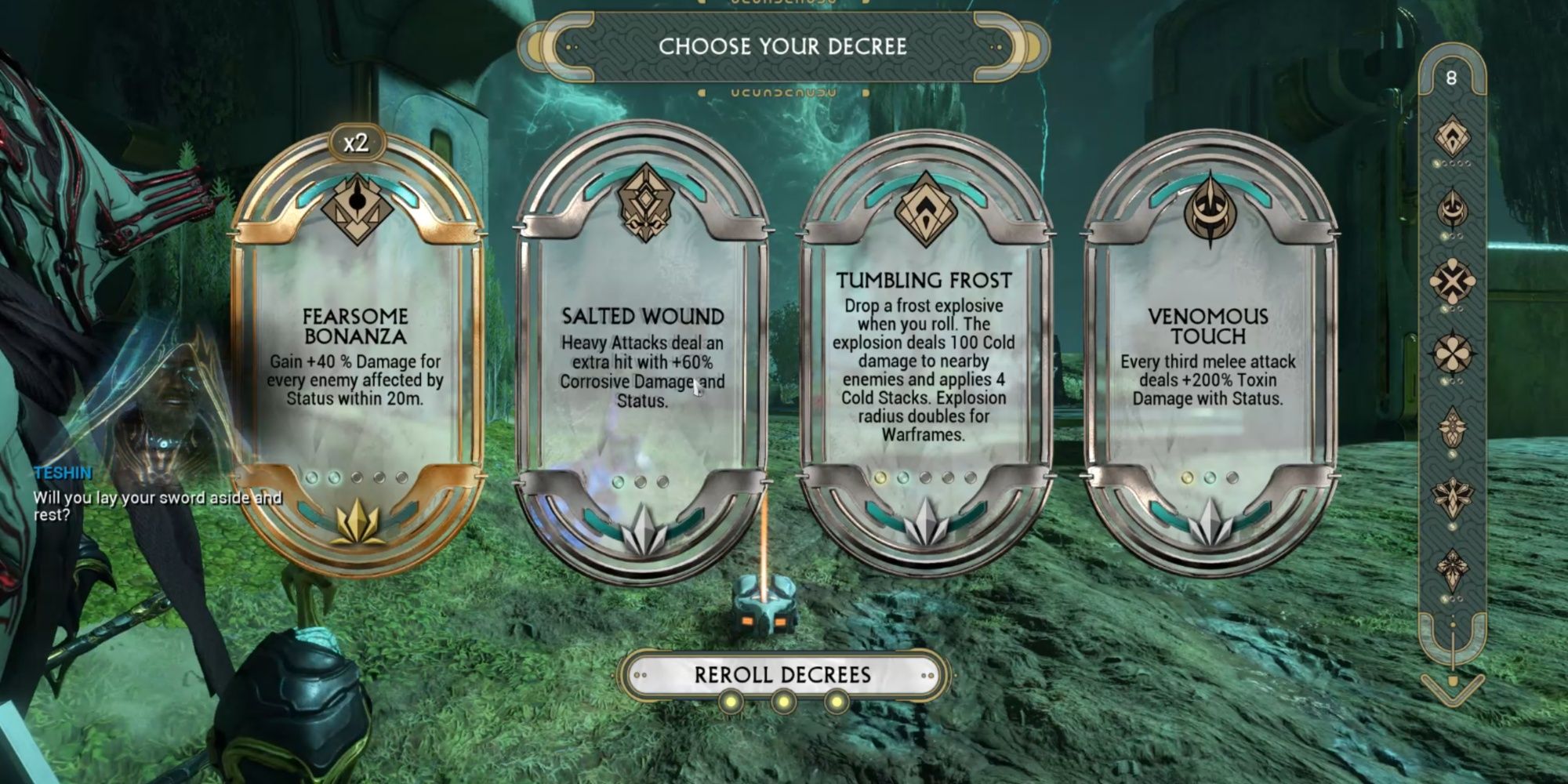 Warframe Salted Wound seen in the "Choose Your Decree" screen.
