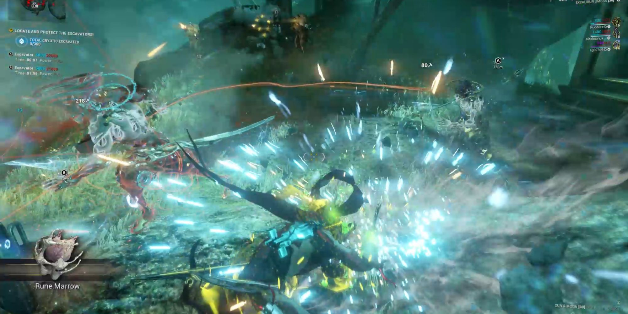 Warframe Sweeping Blow decree in action with heavy attack from Excalibur Umbra.