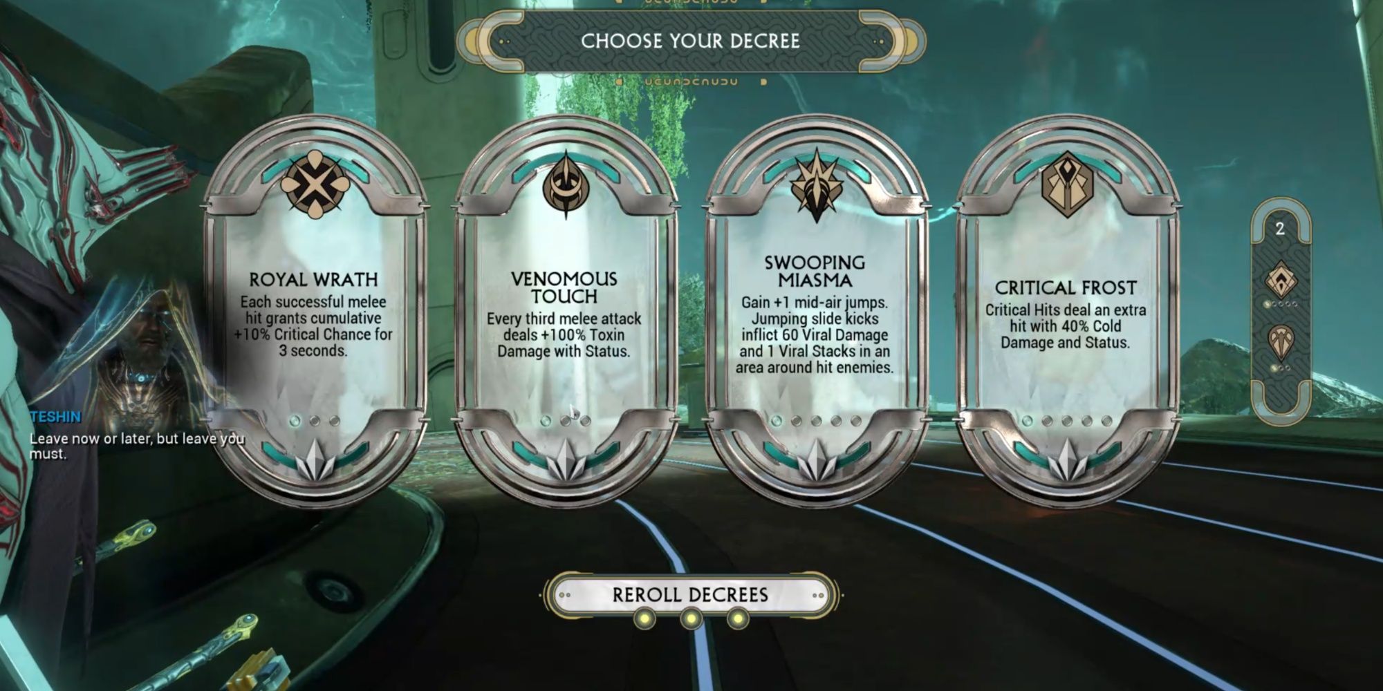 Warframe Venomous Touch decree in "Choose Your Decree" screen.