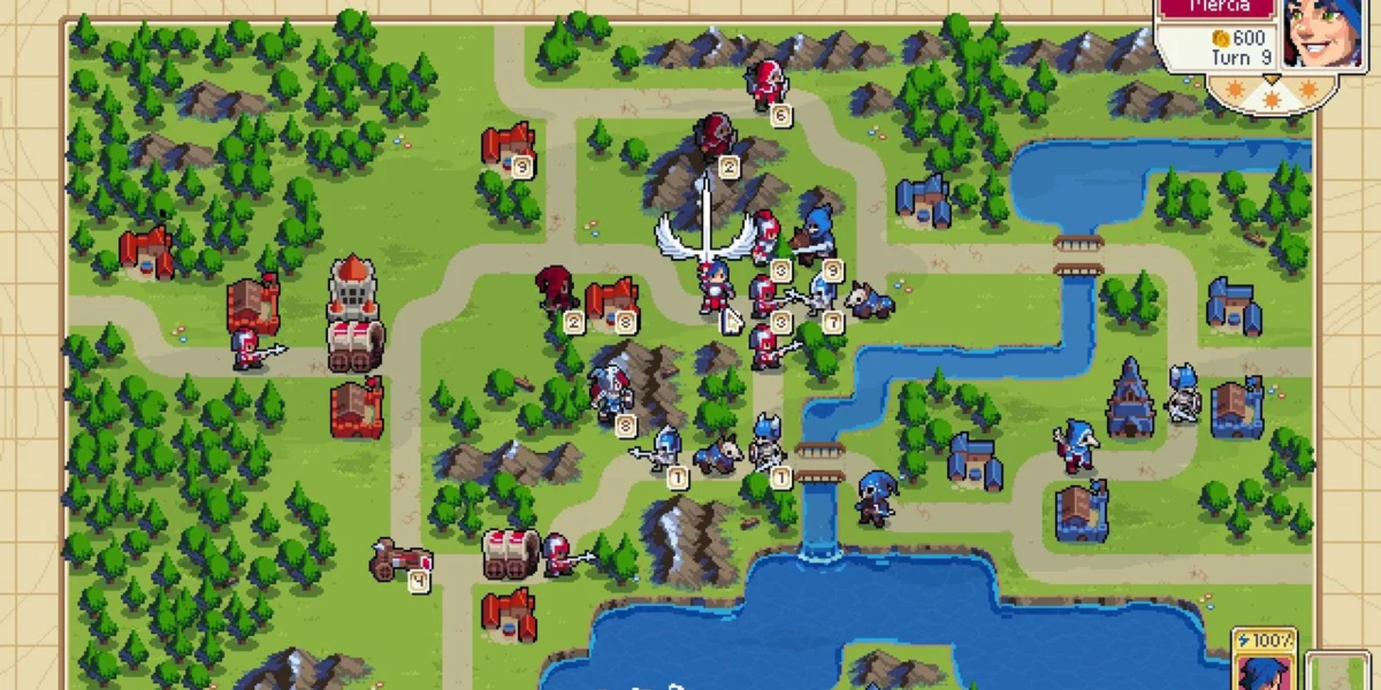 Players battling in a town in Wargroove