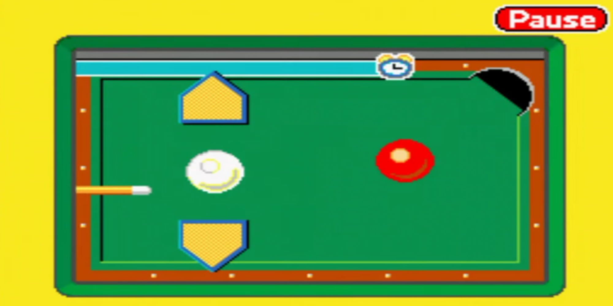 A pool cue, a cue ball, and a red ball. Arrows, a corner pocket, and 'PAUSE' is on-screen