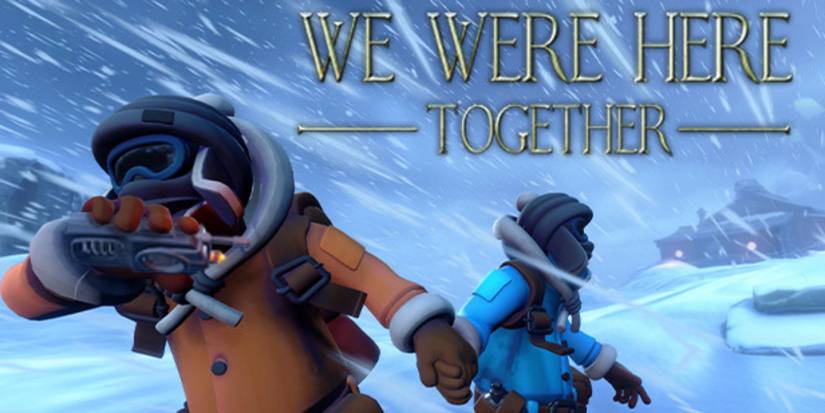 We Were Here Together game screen, with two explorers walking through a snowstorm away from a suspicious looking building. One explorer is looking back, the other is dragging them away.