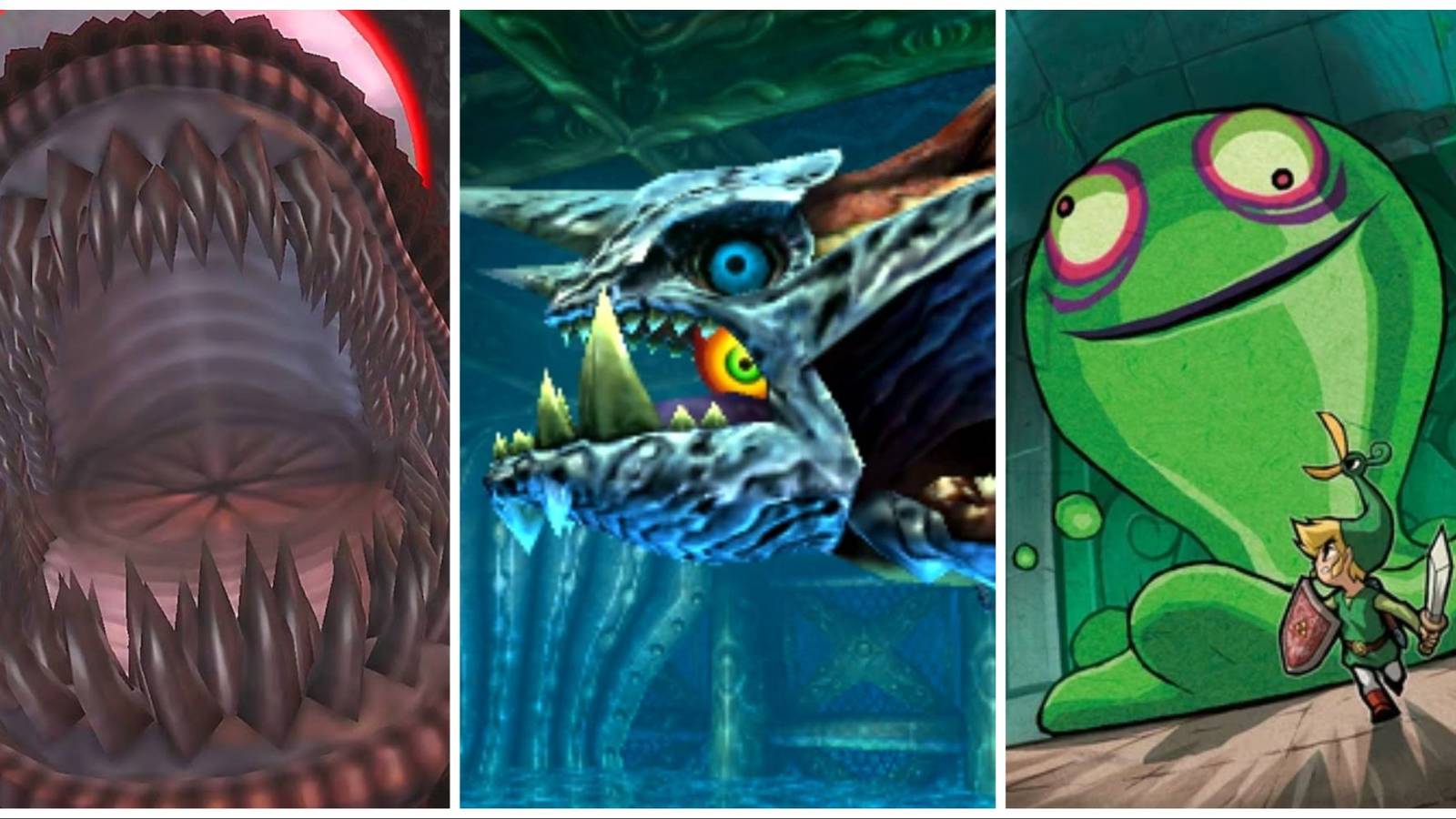 From left to right, The Imprisoned flaring its teeth. Gyorg diving in the air, and Link fleeing from the Giant Green ChuChu