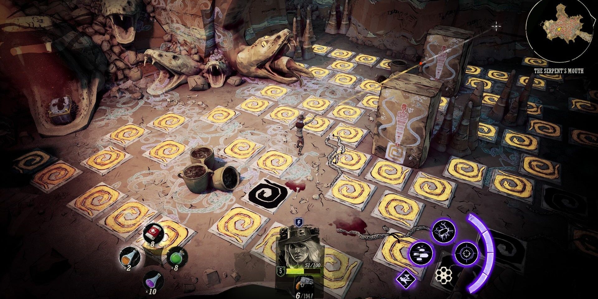 The player character pointing their gun to the top right while they are surrounded by glowing tiles in the ground in Weird West