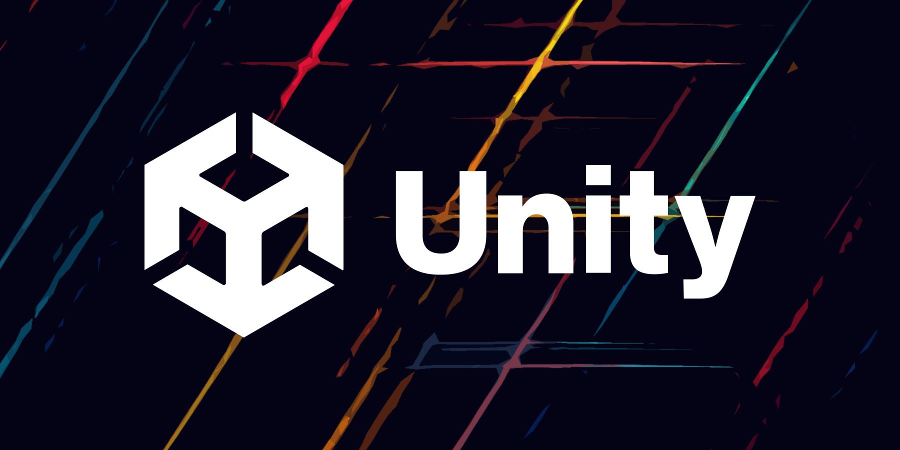 white Unity logo on abstract dark background