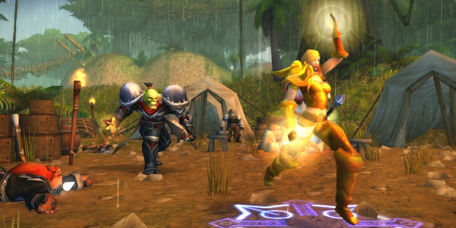 An elf and an orc in a campsite in World of Warcraft Classic