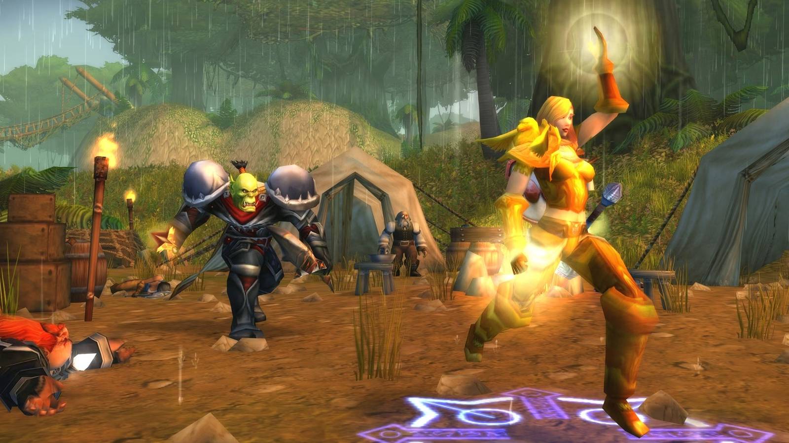 An elf and an orc in a campsite in World of Warcraft Classic