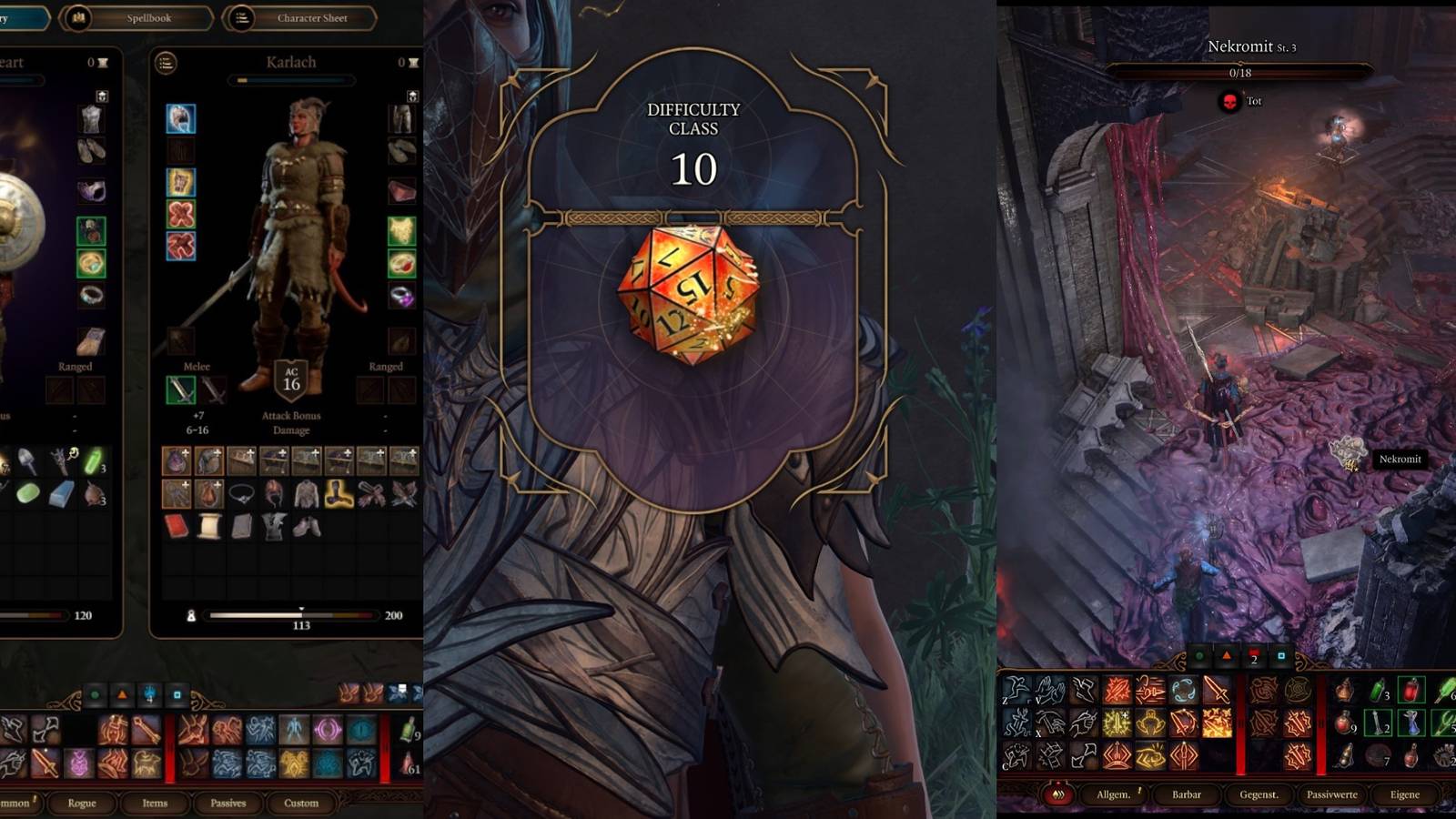 Three BG3 screenshots to hightlight the inventory, dice and world map