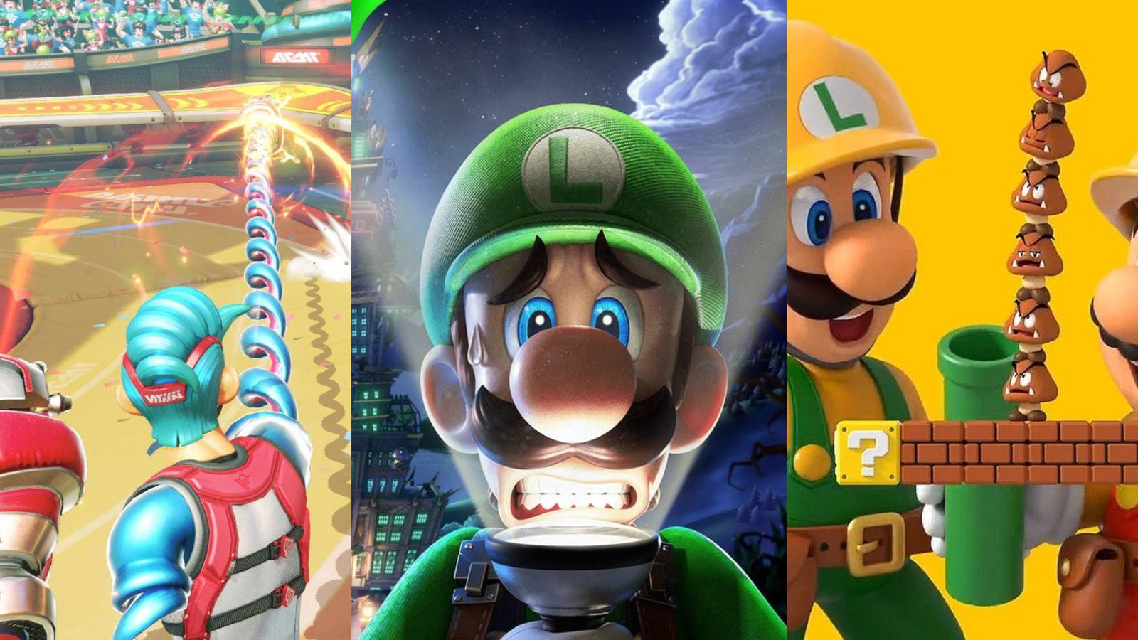 Split image featuring Arms, Luigi's Mansion 3 and Super Mario Maker 2