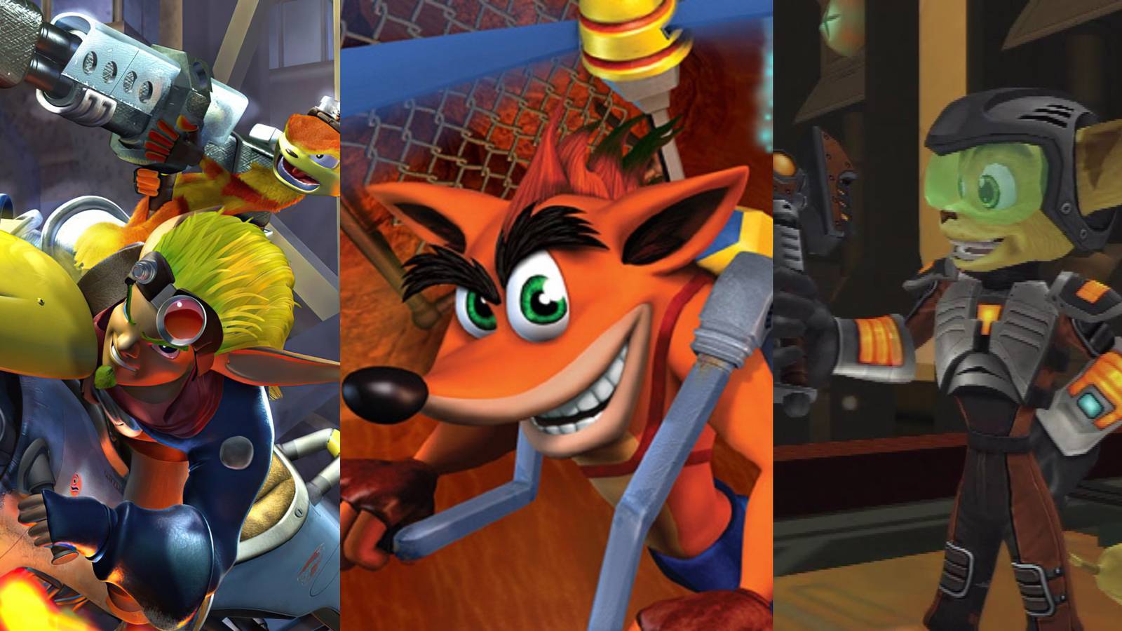 Split image three games Jak and Daxter, Crash, Ratchet and Clank