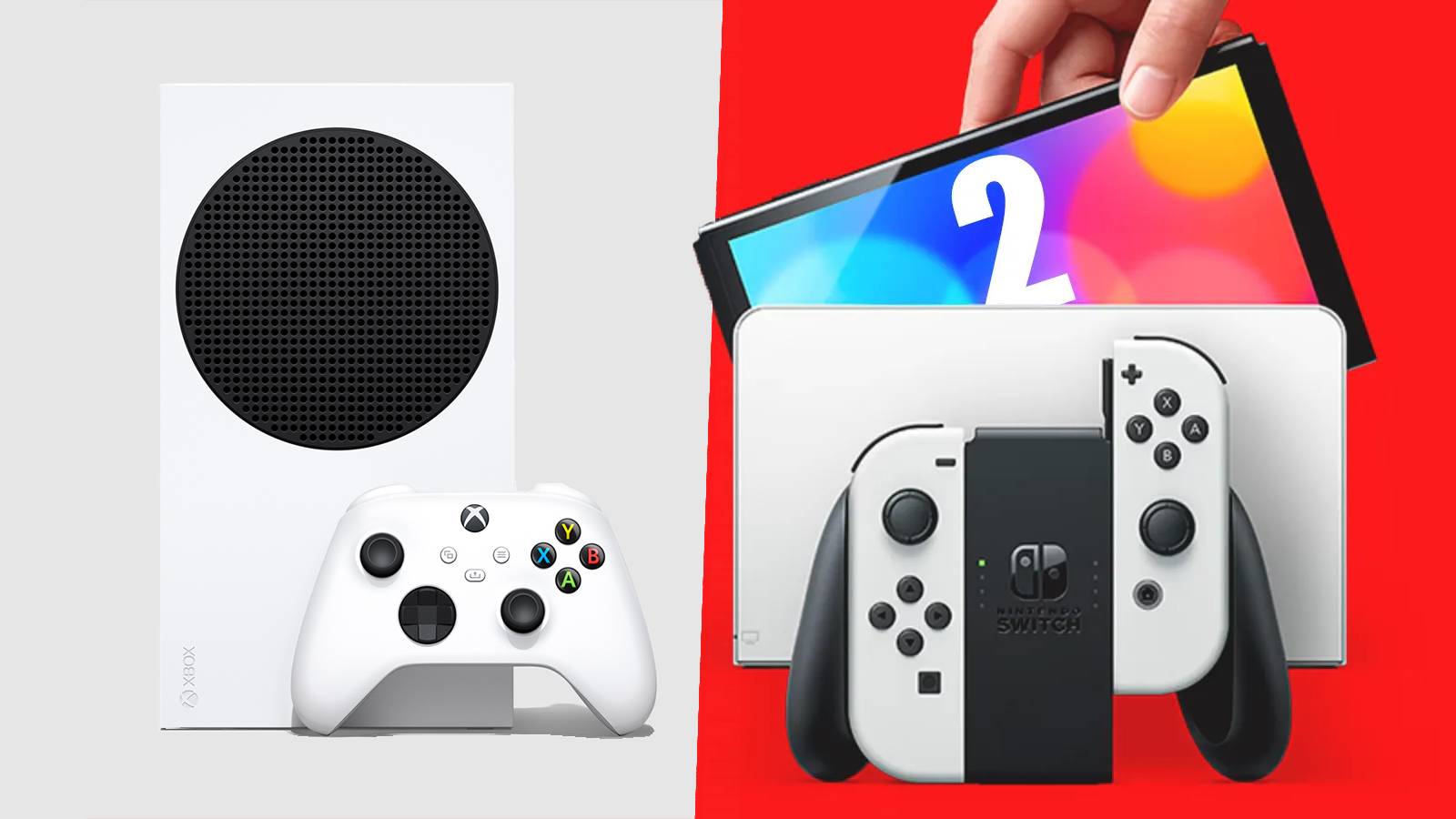 Xbox Series S next to Nintendo Switch 2 mockup